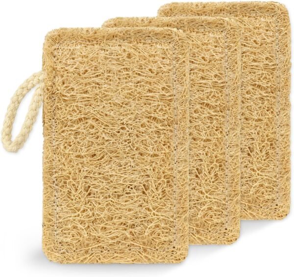 Natural Loofah Dish Sponge, Biodegradable Compostable Kitchen Loofah Scrub Sponge, Reusable Non Scratch Cleaning Sponge for Kitchen, Bathroom, Household, 3 Pcs (Rectangular)