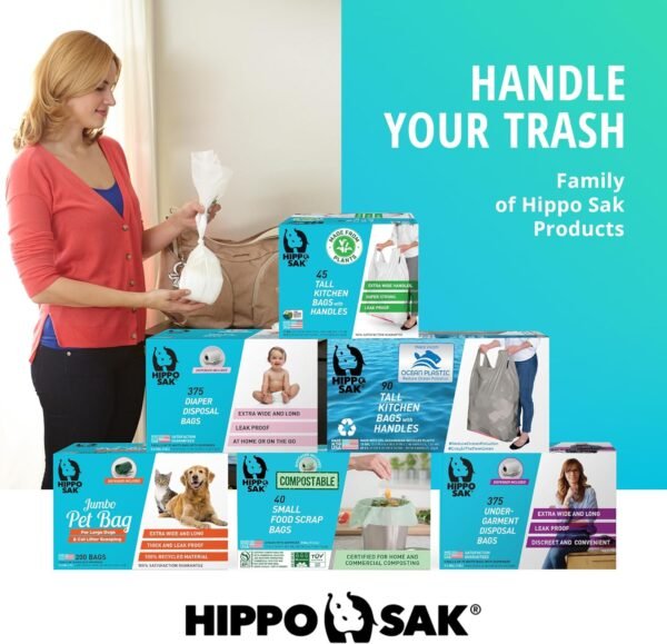 Hippo Sak - Tall Kitchen Garbage Bags with Ergonomic Handles - 13 Gallon Trash Bags Made from Recycled Ocean Bound Plastic - Super Strong and Leak Proof Tall Kitchen Trash Bags (45 Count) - Image 8