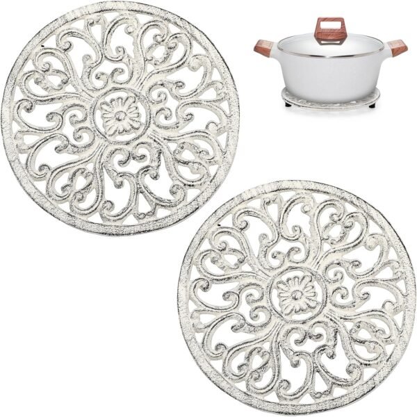 Sumnacon 2 Pcs Cast Iron Trivet 6.7 Inch Iron Trivet for Hot Dish Pot Pan Plate Teapot,Heat Resistant Cast Iron Trivet for Kitchen Dining Table Cooktop Stove,Retro White Round Trivet with Rubber Feets