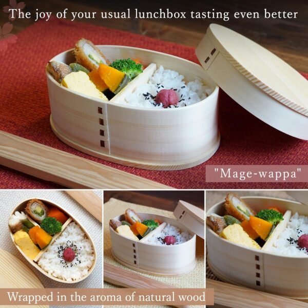 SEIDO Magewappa Lunch Box, Wappa, Japanese Finish, Natural Wood, Wooden Chopsticks, Canvas Lunch Bag, Elastic Band Set, 500mL - Image 4