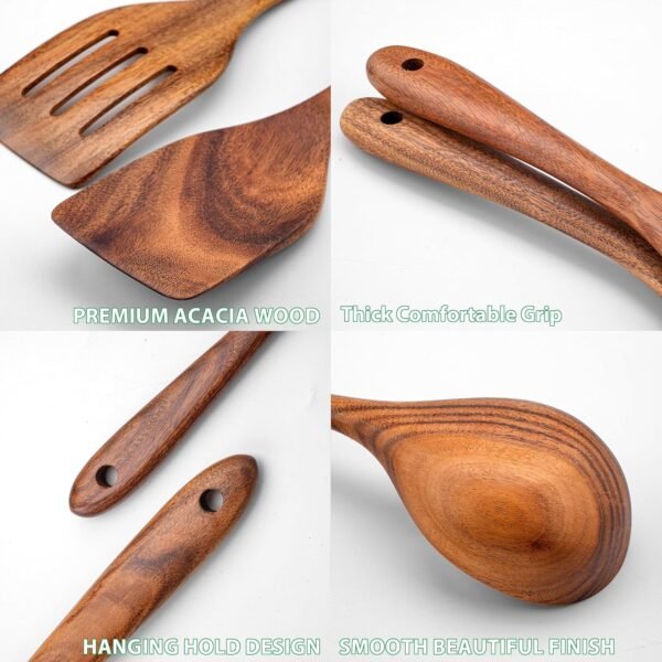 Wooden Spoons for Cooking, Acacia Wood Cooking Utensils Set – 11 Piece Wooden Kitchen Tools with Holder, Spoon Rest, Nonstick Cookware Safe by HOWHONG - Image 3