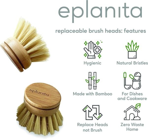 eplanita Replacement Brush Heads (Pack of 8) for Bamboo Dish Brush, Sisal Bristle Refills, Agave Cactus Fibres, Kitchen Eco Scrubber, Plastic Free Washing Up, Zero Waste Cleaning - Image 2