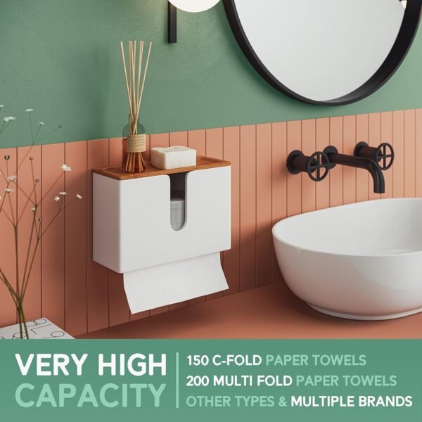 Bamboo Paper Towel Dispenser with Removable Top Tray for Bathroom and Kitchen - Wall Mount and Countertop Multifold Paper Towel, C-Fold, Zfold, Tri fold Hand Towel Holder Commercial (White) - Image 8