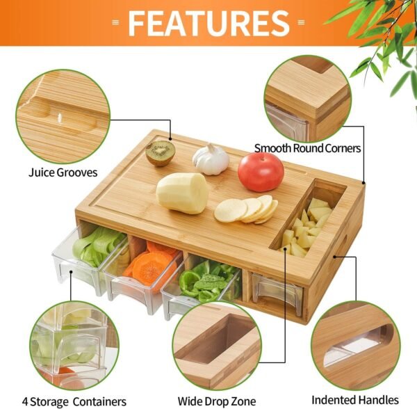 Bamboo Cutting Board with 4 Containers, Large Chopping Board with Juice Grooves, Easy-grip Handles & Food Sliding Opening, Carving Board with Trays for Food Storage, Transport and Cleanup - Image 2