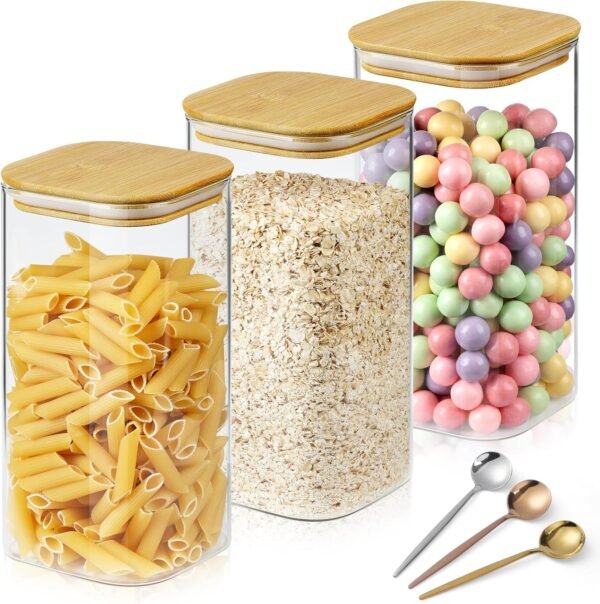 Glass Storage Containers with Wood Lids, 54 fl.oz Clear Food Storage Container Jar, Square Glass Canisters with Airtight Lids Set Of 3, for Pasta Flour Rice Beans Cereals Seasonings