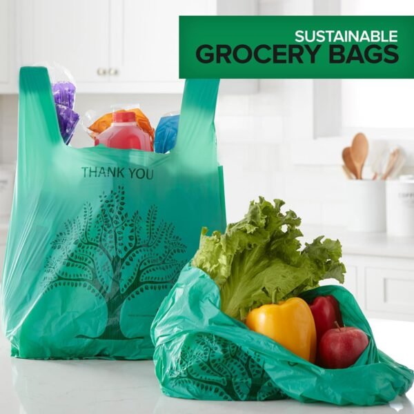 Stock Your Home 100 Pack Thank You Bags Disposable Eco Grocery T-Shirt Bag with Handles for Supermarket, Groceries, Produce, Shopping, Trash, Small Commercially Compostable Baggies Bulk - Image 6