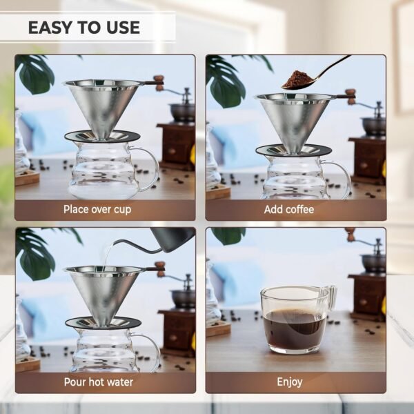 Pour Over Coffee Dripper | Reusable Cone Coffee Filters | Stainless Steel Coffee Filter | Fine Mesh Double Layer | Paperless Pour Over Coffee Maker 2-3 Cups | 15ml Coffee Bean Spoon - Image 5