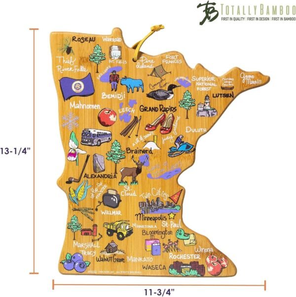 Totally Bamboo Minnesota State Shaped Cutting Board and Charcuterie Serving Platter with Artwork by Fish Kiss, Includes Hang Tie for Wall Display - Image 7