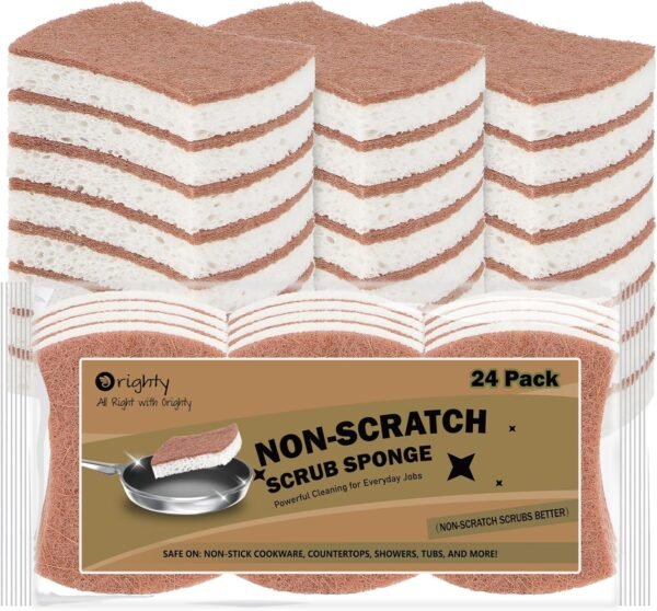 Orighty Non-Scratch Scrub Sponge, 24-Pack, Biodegradable Cellulose Kitchen Scrubber Sponges, Ideal for Kitchen Cleaning, Non-Stick Cookware, Washing Dishes, Bathroom, and Household