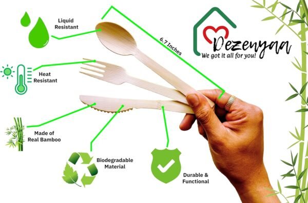 Disposable Bamboo Utensils, 200 Count PLUS BONUS 50 Knives [100 Spoon 100 Fork 50 knives] - Real Bamboo Eco-Friendly Compostable Cutlery - Image 9