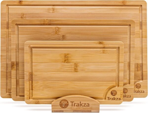 Bamboo Cutting Board Set - Durable Kitchen Cutting Boards For Chopping Fruit, Meat, Cheese, Veggies - Deep Juice Grooves, Side Handles, Easy To Use & Clean - With Storage Holder - 9", 12", 15"