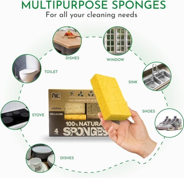 Natural Sponges, 12 Pack, Ideal for Cleaning Kitchen, Bathroom & Household (Loofah, Coconut, Cellulose and Sisal Scrubbers), Eco-Friendly, Compostable, Biodegradable, 4 Types of 3 Pcs. - Image 3