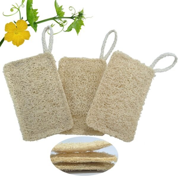 Natural Loofah Kitchen Sponge (3 Pcs) No Scratch Scrubber for Dishwashing, 100% Plant Fibers Vegetable Scrubber, Zero Waste and Eco Friendly Loofa, Square, Standard Size