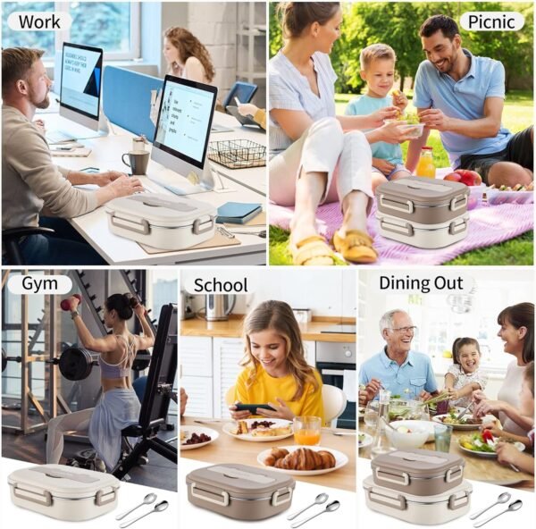 Bento Box,1000ml Stainless Steel Lunch Box,Versatile 3-Compartment Portable Lunch Box Container-Salad Lunch Containers for Adults/Kids with Spoon Fork Thermos Bag Accessories (Khaki) - Image 8