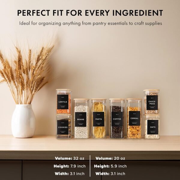 Square Glass Storage Containers with Bamboo Lids 12-Pack (4x 33.8 oz, 8x 20.2 oz) Airtight Storage Jars with Lids for Food, Stackable Kitchen Canisters with 114 Labels for Pantry [Thicker Glass 3mm] - Image 3