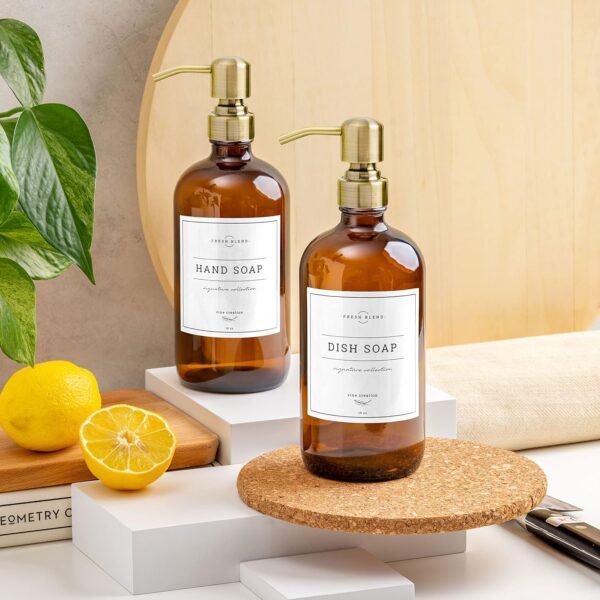 Vine Creations Amber Glass Soap Dispenser, 2 Pack Kitchen Soap Dispenser Set with Stainless Steel Pump, 16 oz Hand Soap Dispenser Bathroom, Dish Soap Dispenser for Kitchen with Waterproof Labels - Image 3