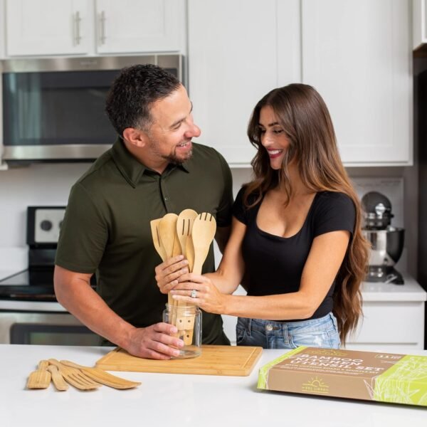 Bamboo Kitchen Utensils and Wooden Spurtle Set with Bamboo Cutting Board! 11pc Gift Pack. 1x Wood Chopping Board, 4x Bamboo Spurtles, 6x Bamboo Utensils Set. 15x10" Large Cutting Board Set SOL LIBRA - Image 2