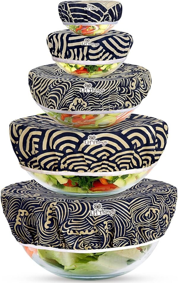 Li'l Things Eco-friendly Beeswax Bowl Covers | Improved Beeswax Coating | Elastic Food Storage Covers | Reusable Lids For Food, Fruits and Leftover | 5 Sizes | 3 Different Themes | Japanese Waves