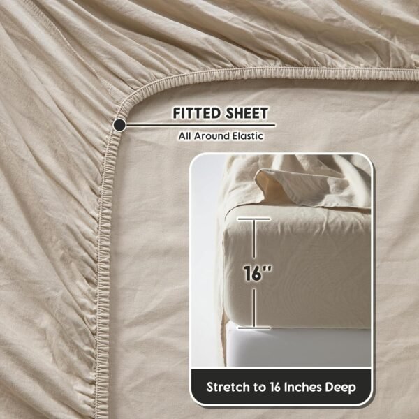 SONORO KATE 100% French Pure Linen Sheets, Breathable and Durable Line King Size Sheets, Anti-Tear Line Bed Sheets, Machine Washable, 16 Inch Deep Pocket - 4 Piece (Natural Linen, King) - Image 7