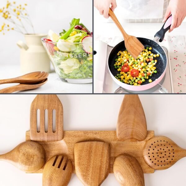 Wooden Spoons for Cooking - 8-Piece Wooden Kitchen Utensil Set made of Natural Solid Wood Material - Includes Spoons, Spatulas, Ladles, Strainer Spoon, Salad Fork, Mixing Spoon and Utensil Holder - Image 7