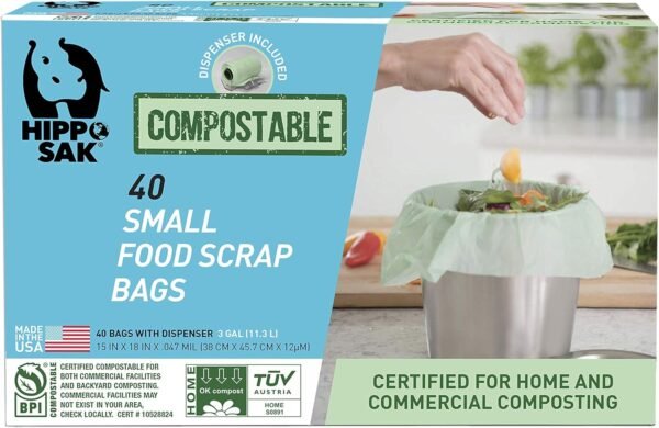 Hippo Sak Compostable Small Food Scrap Bags, 40 Count with Dispenser