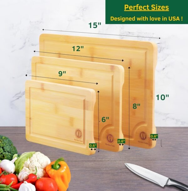Bamboo cutting boards for Kitchen, Bamboo cutting board set of 3 with Juice Groove & Side handles, Thick Chopping Board for Meat, Veggies, Wooden cutting board set, Kitchen Must Have, Best Gift Idea - Image 3