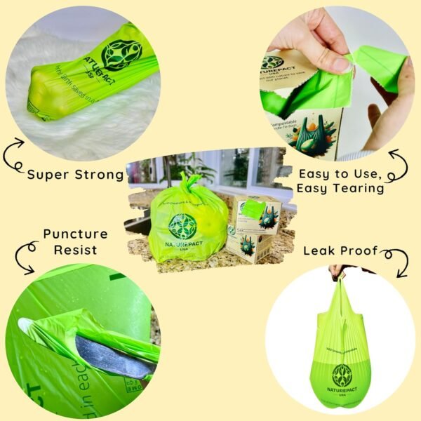Extra Thick 1 MIL Compostable Trash Bags with Handles, 2.6 Gallon - Heavy Duty, Ultra Durable, Leak Proof, Kitchen Compost Bin Compatible, 50 Count, Handle-Tie - Image 4