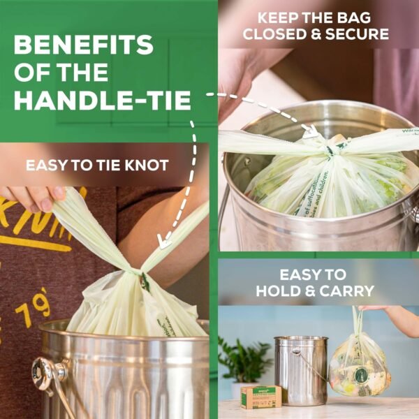 ANECO 100% Compostable Food Waste Bags 1.6 Gallon With Handles (30 Count), Small Compost Bags for Countertop Bin, OK Compost HOME & BPI Certified Compostable Kitchen Food Waste Bags - Image 3