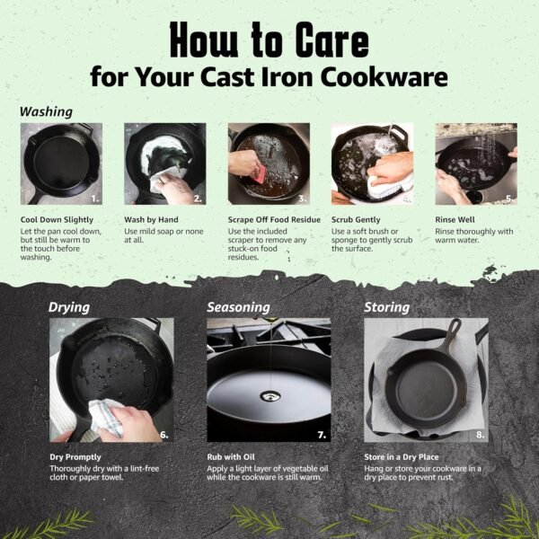 Cast Iron Skillet 3-Piece Set - Professional Pre-Seasoned Heavy-Duty Pan Cookware - 10 Inch, 8 Inch, 6 Inch Pans with Scraper & Handle Sleeve for Frying, Sautéing, Cooking, Baking - Image 4