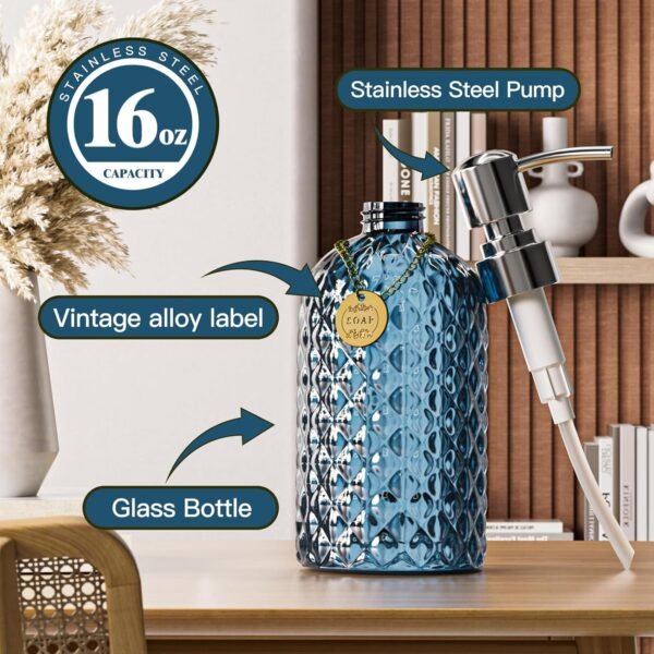 12oz Kitchen Glass Soap Bottle, Bathroom Soap Dispenser, 304 Rustproof Stainless Steel Pump, Refillable Liquid Glass Soap Dispenser Hand sanitizer Dispenser(Blue Grey) - Image 3