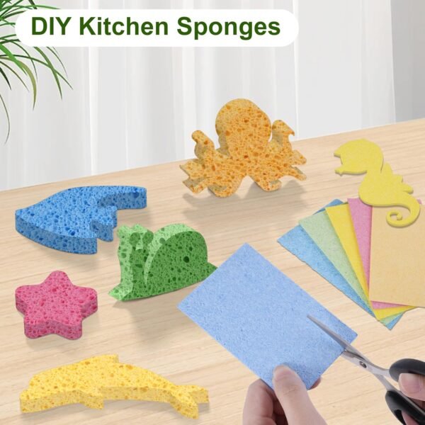 15 Pcs Cellulose Sponges Kitchen, 5 Colors Non-Scratch Colorful Sponges, Biodegradable Compressed Sponges, Large Cellulose Sponge for Kitchen, Bathroom, Cars, Funny Cut-Outs DIY - Image 6