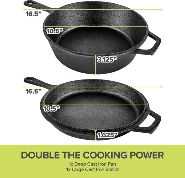Modern Innovations 3-in-1 Dutch Oven, Cast Iron Pan (3.2QT) and Cast Iron Skillet (1.6QT) Combo, Cast Iron Pan with Lid, Preseasoned Cast Iron Pots and Pans Set, RV or Lodge Camping Cast Iron Set - Image 2