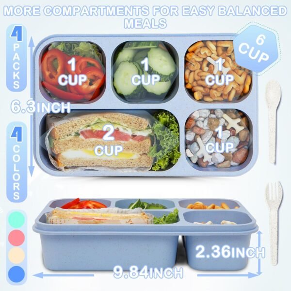 Bento Box Adult Lunch Box, 4 Pack Lunchable Containers 5 Compartments,Divided Lunch Containers with Utensils,Reusable Snack Containers for Adults Kids,Snack Box Containers for School Work Travel - Image 2