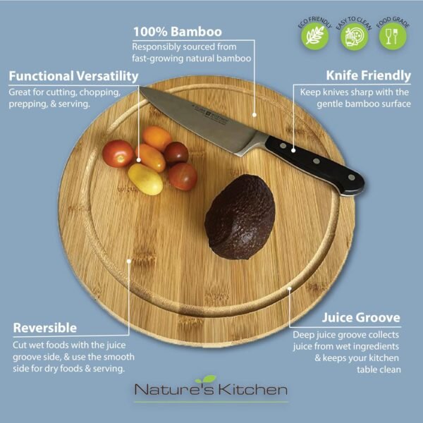 Nature’s Kitchen Thick Round Bamboo Cutting Board Block Serving Tray w Juice Groove for Cutting Chopping Cheese & Charcuterie Board Platter (12 inches) - Image 2