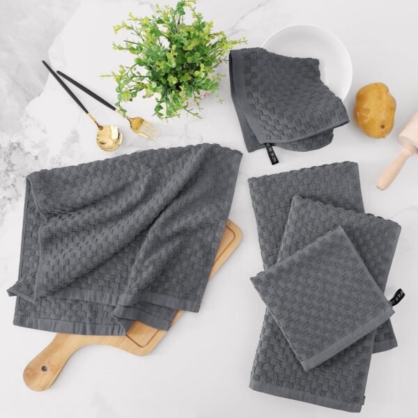 Fintale 100% Cotton Kitchen Towels and Dishcloths Set, 12 x 12 & 15 x 25 Inches, Set of 8 Bulk Super Soft and Absorbent Terry Cloth Dish Towels, Quick Drying Hand Towels with Hanging Loop, Dark Grey - Image 5