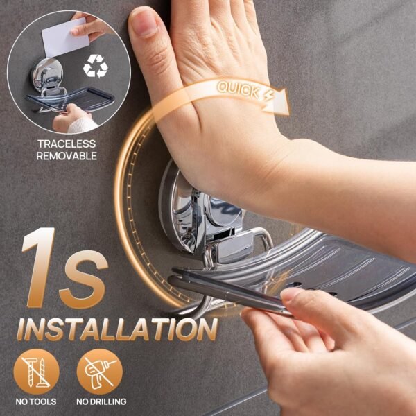 LEVERLOC Chrome Suction Cup Soap Dish Soap Holder for Shower Wall Drill-Free Rustproof Waterproof Wall Mount Strong Suction Removable Bar Soap Sponge Holder for Bathroom Bathtub Kitchen - Image 3