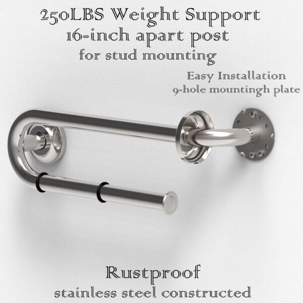 Grab Bar with Integrated Toilet Paper Holder for 2 Mega Rolls (Kitchen Paper Towel Holder or Bathroom Towel Bar), 16in Stud Mount, 250lbs Weight Support, Rustproof (Right, Brushed Nickel) - Image 7