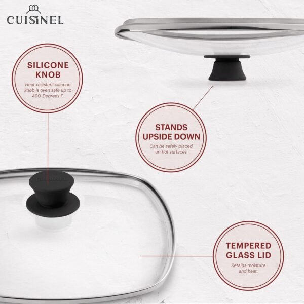 Cuisinel Cast Iron Grill Pan + Rectangular Cast Iron Grill Press + Tempered Glass Lid + Pan Scraper – Pre-Seasoned Ribbed Skillet – 10.5"-Inch Square Grillig Indoor/Outdoor Camping Fire BBQ Cookware - Image 2