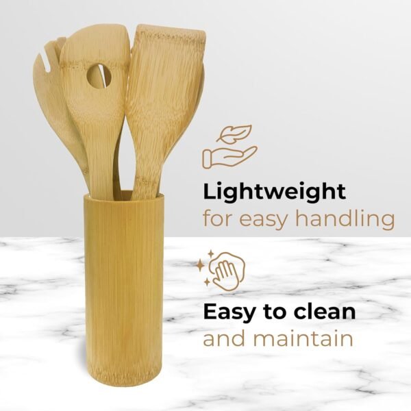 6 Pcs Bamboo Wooden Spoon and Spatula Utensils Set with Holder for Cooking and Kitchen use - Image 6