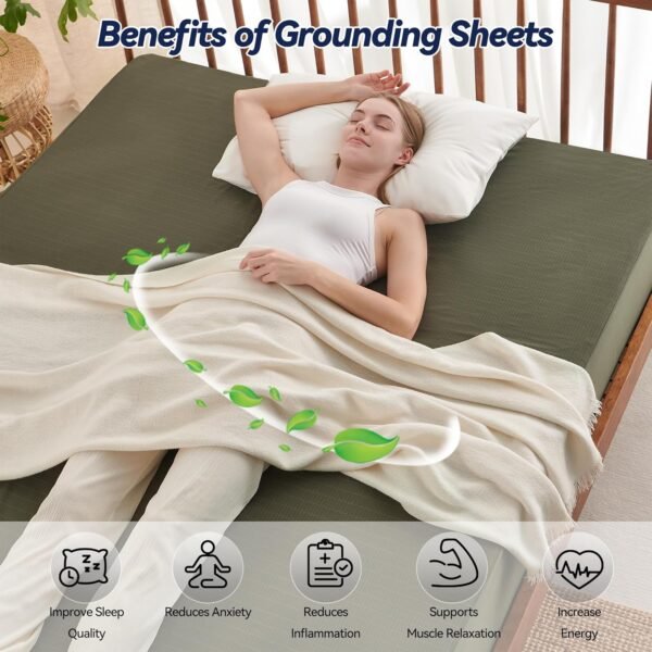Nayoroom Grounding Sheets Queen, 95% Organic Cotton + 5% Self-Cleaning Pure Silver Fiber, Grounding Sheets with Grounding Cord - Designed for Support Stress Relief, Sleep - Olive Green - Image 3