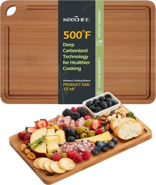 Medium Bamboo Cutting Board for Kitchen - 12 Inch Wood Cutting Boards with Juice Groove and Handles, Wooden Chopping Board for Meat, Cheese, Fruit & Vegetables (Pre Oiled, Brown)