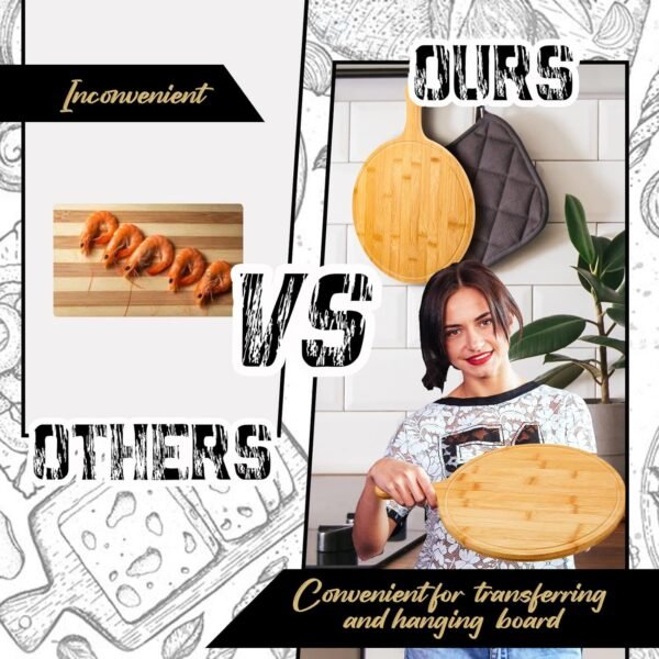 Nuenen 10 Pcs Round Wood Cutting Board with Handle Wooden Serving Board Kitchen Chopping Boards for Pizza, Bread, Cheese, Charcuterie, Fruit, Vegetables (Bamboo) - Image 3