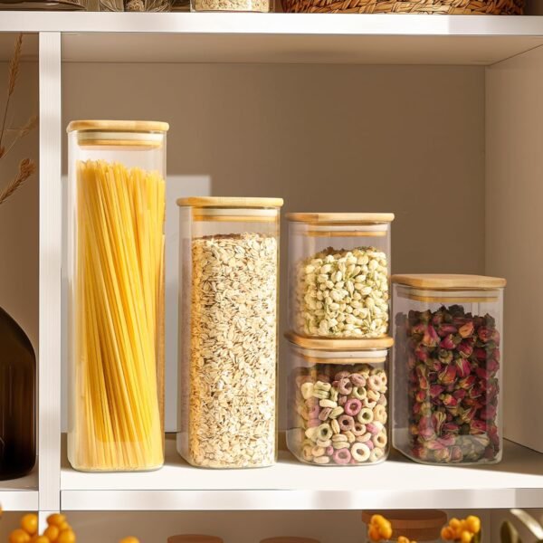 ComSaf 54oz Rectangle Glass Storage Containers with Lids, Glass Jars with Bamboo Lids, Clear Food Storage Jar, Sugar Coffee Containers, Pantry Storage Container for Pasta Rice Flour Oats Nuts Tea - Image 8