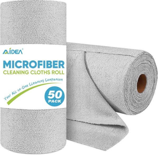 AIDEA Microfiber Cleaning Cloth Roll-50PK, Reusable Paper Towels Grey Tear Away Towels, Washable Shop Rags, Microfiber Towels for Cars, Lint Free Cleaning Rags for House, Kitchen, Window-11.5"×11.5"