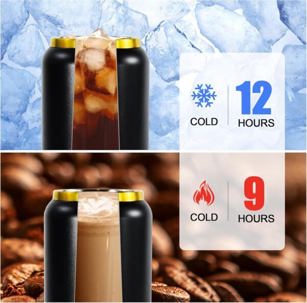 AGH 16oz Stainless Steel Can Tumbler with Lids and Straws,Double wall Golden Electroplate Drinking Can Cups,Reusable Water Tumbler with Lids For Ice Coffe Smoothie Juice,Black,4pack. - Image 4