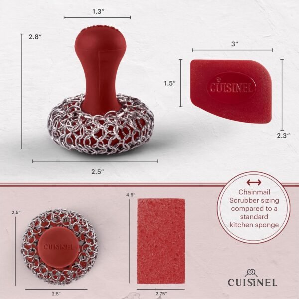 Cuisinel Cast Iron Chainmail Scrubber + Pan Scraper - The Patented Original Ergonomic Stainless & Silicone Pot & Skillet Cleaner - Premium Food-Safe Design - Easy Clean Dishwasher Safe Cookware Sponge - Image 4