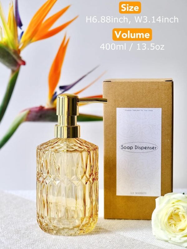 Clear Glass Soap Dispenser with Rust Proof Pump, Refillable Liquid Hand Gold Lotion Dispenser for Kitchen, Bathroom Countertop (Yellow Gold) - Image 6