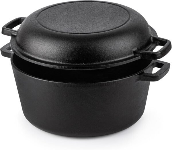 Pre-Seasoned Cast Iron Dutch Oven Casserole Pot - Cast Iron Skillet Lid – 2 in 1 Cooking Cookware Pan Set – Dutch Oven Pot with Lid – Black, 5 Quarts, 26cm – by Nuovva