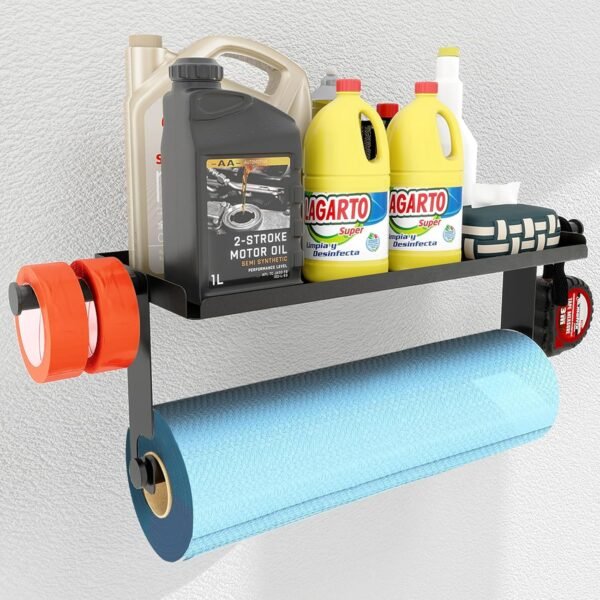 Garage Paper Towel Holder Wall Mount, Stainless Steel Paper Towel Holder with Shelf & Extension Hanging Rod, Garage Organization and Storage Paper Towel Rack for Garage Tool Room Workbench Kitchen