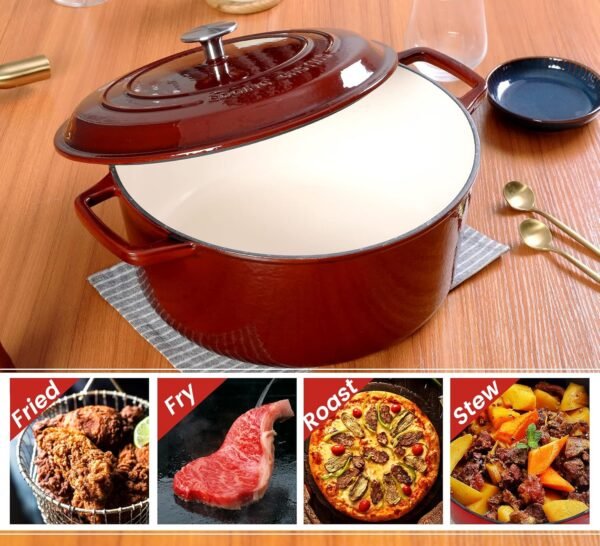 Enameled Cast Iron Dutch Oven with Lid, 7.5 Quart, Bread Oven, Enameled Cast Iron Cookware for Soup, Meat, Bread, Baking, Wine Red - Image 6